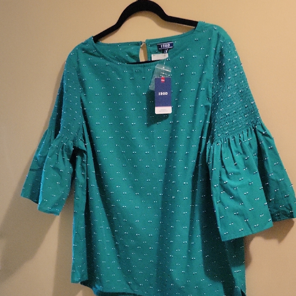 Izod Teal Blouse with Smocked Sleeves